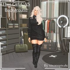 the girl is standing in her closet wearing thigh high boots and black dress with long white hair