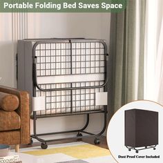 portable folding bed savers space in the living room with text overlay that reads portable folding bed savers space