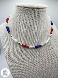 Cute & stylish patriotic handmade beaded eye pin necklace & bracelet! - Nickel-Free - Findings options: .925 Sterling Silver, Gold Plated Brass/Zinc Alloy, or Silver Plated Brass/Zinc Alloy - Glass and Plastic Beads - Available as a set or individually PLEASE NOTE: When ordering the Set of 2 (Necklace & Bracelet) be sure to specify which sizes for both in the PERSONALIZATION section. Every piece is handmade and made to order! Please allow 1-2 weeks to receive your order, though it may be sooner! CARE INSTRUCTIONS:  - I do my best to ensure that each piece of jewelry is secure and durable. In the rare occasion that a jump ring deatches, these can be fixed using pliers. - Glass beads are coated and not color fast. To prevent fading, take care and avoid getting them wet. - Although every piec Patriotic White Jewelry With Colorful Beads, Patriotic White Jewelry For 4th Of July, Adjustable Colorful Beaded Jewelry For 4th Of July, Silver Jewelry For 4th Of July Gift, Silver Jewelry Gift For 4th Of July, Patriotic Adjustable Colorful Beads Jewelry, Adjustable Patriotic Jewelry With Colorful Beads, Patriotic Adjustable Jewelry For Independence Day, Adjustable Patriotic Jewelry For Independence Day