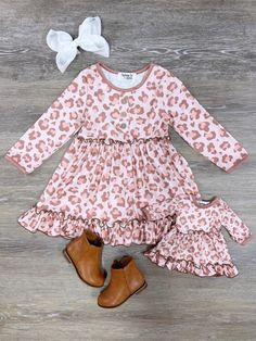 Doll & Me - Blush Leopard Ruffle Tiered Long Sleeve Dress - Sydney So Sweet Matching Outfit Ideas, Winter Holiday Outfits, Woman Costumes, Ohio Girls, Cute Christmas Outfits, Girls Christmas Outfits, Fashionable Dress, Girls Boutique Clothing