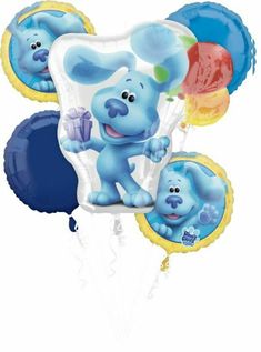 blue dog balloon bouquet with helium balloons in the shape of an elephant and two puppies