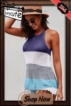 Blue Color Block Striped Knit Tank Top Tank Top Women, Knit Tank Top, Knit Tank, Knitted Tank Top, Top Women, Knit Tanks, Women Tops, Striped Knit, Color Block