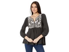 Lucky Brand Embroidered Tiered Tunic Top - Women's Clothing : Raven : Flaunt your fashionable side wearing the regular fit Lucky Brand Embroidered Tiered Tunic Top. This top features split neckline, long sleeves, and stunning embroidered design on classic silhouette. 100% cotton. Machine washable. Imported.