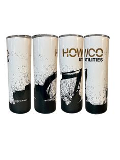 three shot glasses sitting next to each other on a white surface with the words, homico utiliities