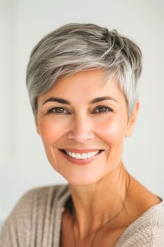 Side-Swept Pixie Hairstyle on smiling older woman with salt and pepper hair. Salt And Pepper Short Hair, Pixie 2024, Mom Haircut, Pepper Hair, Pixie Haircut Styles, Hairstyle For Women