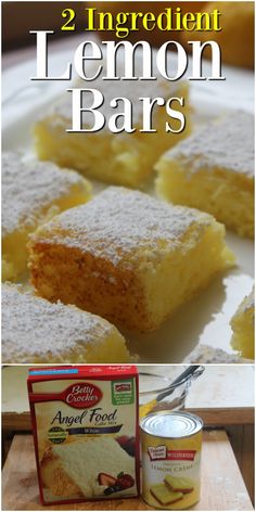 lemon bars with powdered sugar on top and an image of the ingredients to make them