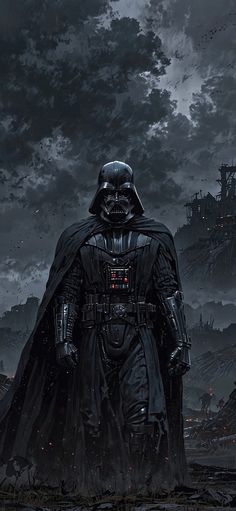 darth vader standing in front of a dark sky with clouds and buildings behind him