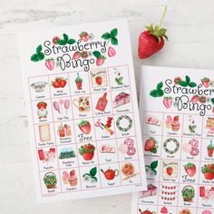 Strawberry Bingo - 50 PRINTABLE unique cards. Instant digital download PDF. Fun activity for strawberry-themed baby showers and birthdays. Pin The Stem On The Strawberry, Strawberry Birthday Party Games, Berry Themed Food, Berry Themed Bridal Shower Ideas, Strawberry Games, Strawberry Shortcake Theme Party, Strawberry Party Ideas, Strawberry Shortcake Summer, Strawberry Themed Party