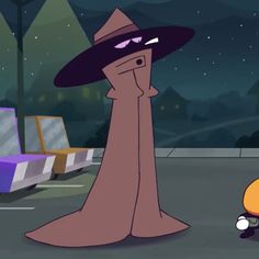 a cartoon character in a hat and dress standing next to another character wearing a long cloak