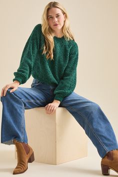 Robyn Chenille Sweater in Forest Green | Altar'd State Green Sweater Outfit, White Dress Skirt, Winter Sweater Outfits, Christmas Skirt, Preppy Fall, Skirts With Boots, Chenille Sweater, Christmas 2024, Christmas Fashion