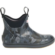 The Ankle Deck Boot collection by XTRATUF is crafted for the outdoors. This women's pull-on boot, in an understated black camo pattern, shares the slip-resisting Chevron outsole and XPRESSCOOL liner found on the XTRATUF Legacy boot collection. Reaching 6 inches in height, this plain toe outdoor boot is constructed with hand-layered rubber, which is not classified as a commercial grade rubber, but is waterproof and delivers on slip-on-and-go styling. Please look to the Legacy line for work-approp Black Insulated Slip-on Boots, Western Dress With Boots, Boot Collection, Chelsea Rain Boots, Closed Toe Shoes, Trending Boots, Outdoor Boots, Pull On Boots, Black Camo