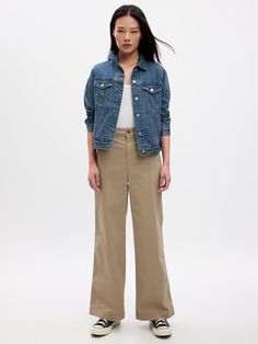 High Rise Wide-Leg Girlfriend Khakis with Washwell | Gap Factory Utility Cotton Straight Leg Jeans, Utility Button-up Bottoms For Fall, Spring Utility Cotton Jeans, Button-up Utility Bottoms For Fall, Cotton Jeans With Side Pockets For Fall, Fall Utility Button-up Bottoms, Fall Cotton Jeans With Side Pockets, Casual Cotton Jeans With Button Closure, Cotton Outerwear With Straight Hem And Pockets