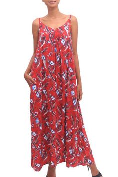 Displaying lovely floral motifs printed over a body of strawberry red this sundress is designed by Bali's Ratu and Devi. Crafted from rayon this lovely dress features a scoop neck with spaghetti straps. Red Sundress With Spaghetti Straps For Vacation, Red Spaghetti Straps Sundress For Vacation, Red Spaghetti Strap Sundress For Vacation, Sleeveless Rayon Sundress For Daywear, Red Spaghetti Straps Maxi Dress For Summer, Red Spaghetti Strap Maxi Dress For Vacation, Red Maxi Dress With Spaghetti Straps For Vacation, Red Spaghetti Strap Maxi Dress For Beach, Red Spaghetti Strap Beach Maxi Dress