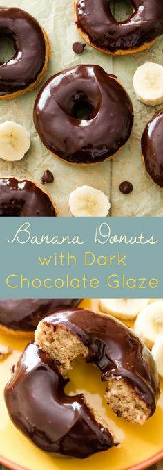 banana donuts with dark chocolate glaze are on a yellow plate next to sliced bananas