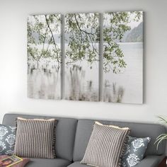 three canvases hanging on the wall above a couch in a living room with pillows