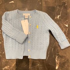 Cable Knit 100% Cotton Powder Blue With Yellow Polo Stitching Blue Cotton Cable Knit Top, Blue Cable Knit Cotton Tops, Ralph Lauren Cardigan, Pink Polo, Button Sweater, Ralph Lauren Polo, Ralph Lauren Shirt, Powder Blue, Colorful Sweaters