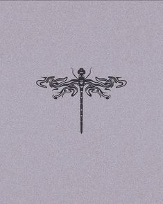 a black and white drawing of a dragonfly on a gray background with an intricate design