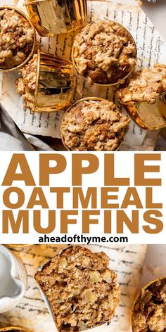 apple oatmeal muffins are stacked on top of each other with the title above it