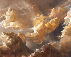 an abstract painting of some clouds in the sky with yellow and brown colors on them