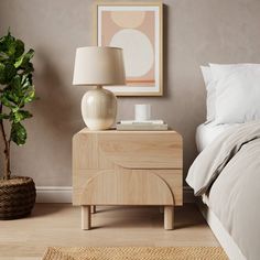 a bedroom scene with focus on the nightstand and bed in the foreground, along with a potted plant