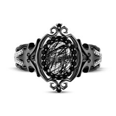 Embrace a gothic-glam look with this dramatic ring from the Disney Treasures collection, inspired by Disney's The Nightmare Before Christmas. Black rhodium-plated sterling silver A beguiling oval-cut black rutilated quartz gleams in a halo of round-cut black diamonds The frame features the iconic spiral motif and two twinkling round-cut black diamonds On the shank, spooky bats spread their wings above split rows of round-cut white diamonds Total diamond weight is 1/5 carat Available exclusively Nightmare Before Christmas Ring, Nightmare Before Christmas Rings, Disney Treasures, Gothic Glam, Black Rutilated Quartz, Goth Wedding, Black Quartz, Christmas Black, Kay Jewelers