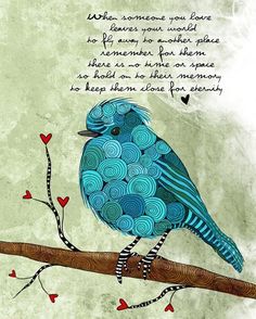 a blue bird sitting on top of a tree branch with a poem written in it