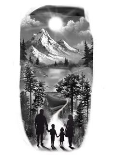 an image of a family walking down the road with mountains and trees in the background