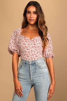 Be the eye-catching babe you are with the Lulus Beautiful Hues Ivory Floral Print Puff Sleeve Ruched Bodysuit! This woven fabric bodysuit (with red, pink, and peach floral print) creates a V-neckline and short puff sleeves with elastic at the cuffs and shoulders. Seamed bodice has a knotted accent at the center that tops a fitted silhouette with ruched sides and contrasting white knit thong bottoms with double snap closures. Hidden side zipper. Fit: This garment fits true to size. Length: Size m Mormon Outfits, Ruched Bodysuit, Puff Sleeve Bodysuit, Stylish Tank Tops, Short Puff Sleeve, Womens Tops Summer, Flutter Sleeve Top, Summer Style Casual, Fitted Silhouette