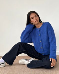 Cobalt Blue Chunky Knit Cardigan | Luciana – motelrocks.com Skirt Model, Jean Trends