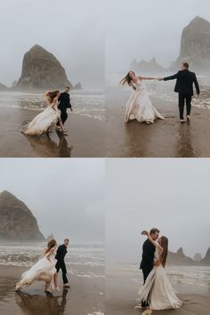 a couple dancing on the beach in front of some rocks and water with their arms around each other