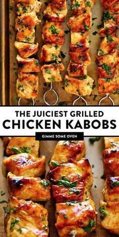 grilled chicken kabobs on a baking sheet with text overlay that reads, the just tried grilled chicken kabobs