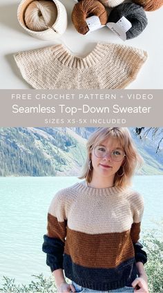 a woman standing in front of some knitted sweaters with text that reads free crochet pattern video seamless top down sweater