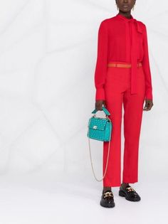 Valentino tie-neck long-sleeved Blouse - Farfetch Red Silk Blouse For Work, Red Silk Blouse For Formal Occasions, Valentino Ready To Wear, Red Silk Scarf, Valentino Rockstud, Chloe Drew, Red Silk, Red Blouses, Black Tote Bag