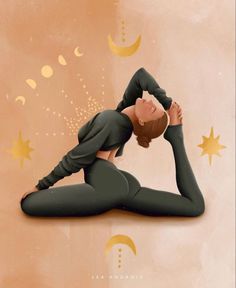 a woman is doing yoga in front of the moon and stars on her back with her hands behind her head