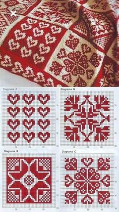 cross stitch patterns for quilts and other crafts, including the heart - shaped squares