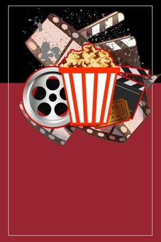 a movie poster with popcorn, film reels and clapsticks on red background