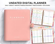 a planner with the text, undated digital planner daily weekly printables and free stickers