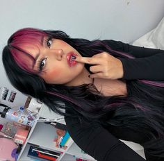 Peekaboo Hair Color Alt, Black Hair With Dark Purple Underneath, Crazy Hair Women, Latinas With Colored Hair, Hair Color Ideas Cute, Dark Cherry Hair With Money Piece, Black Hair Pop Of Color, Latina Colored Hair, Purple Pink And Black Hair