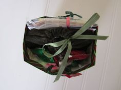 a bag filled with assorted items on top of a white table next to a wall