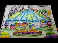 a drawing of an umbrella with houses and trees in the background