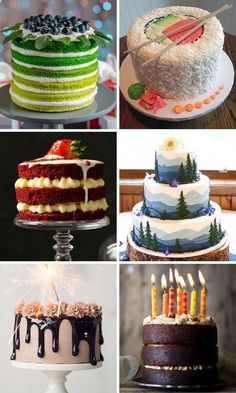 four different types of cakes with candles on each one and the same cake as well