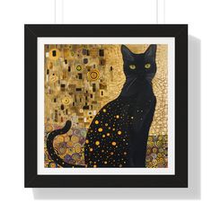 a black cat sitting in front of a painting