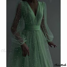 Olivia Mark - Elegant and Charming Crystal Embellished Mesh Cocktail Dress with Peter Pan Collar and Long Sleeves Stunning Prom Dresses Ball Gown, Green Evening Dresses Elegant, Formal Glitter Dress, Green Wedding Dress Ballgown, Fantasy Summer Dress, Satin Green Prom Dress, Green Prom Outfits, Green Dresses For Prom, Wanhat Dress