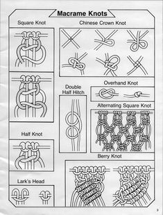 the instructions for macrame knots are shown in black and white, as well as pictures