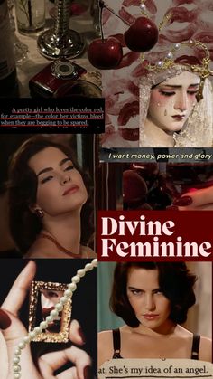 a collage of photos with the words divine feminine written on them and pictures of women