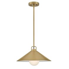 a brass colored pendant light fixture with an open cone shade on the top and bottom