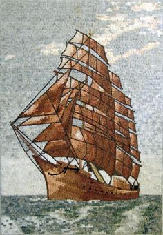 a mosaic painting of a sailboat in the ocean