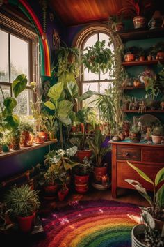 a room filled with lots of potted plants next to a rainbow colored rug on the floor