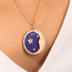 "Crescent Moon Star Pendant/Lapis Lazuli Pendant Necklace/Vintage Art Deco Disc Pendant/Celestial/Blue Gemstone/Birthday Gift/Diamond Accents ★ ★ CUSTOM/DUTY-FREE SHIPPING WORLDWIDE, BUYERS DON'T HAVE TO PAY ANY CUSTOM FEES WHILE IMPORTING ★ ★ Details Made to order Material: 14k Solid Gold Diameter - 27mm ❤ Classic yet modish crescent moon and star pendant necklace that adds a minimal yet artistic look to your outfits! Bespoke in 14k solid gold with natural diamond accents and lapis lazuli with Celestial Round Collectible Necklaces, Celestial Round Locket Necklace, Celestial Round Pendant Necklace For Collectibles, Gold Celestial Jewelry For Collectors, Collectible Celestial Sun And Moon Jewelry, Celestial Sun And Moon Collectible Jewelry, Celestial Moon Charms Necklace, Celestial Round Sapphire Necklace, Handmade Celestial Sapphire Jewelry