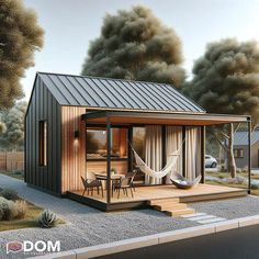 a tiny house with a porch and covered patio